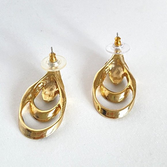 Green Pink Black Enamel Double Loop Metal Gold Tone Pierced Earrings 1.5in - Picture 4 of 9